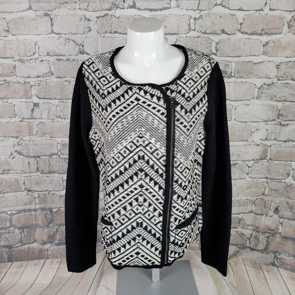 Lucky Brand Black White Knit Zip Front Cardigan XL Chevron Pattern